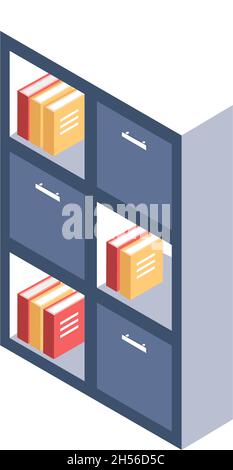Isometric office bookcase 3d for interior, modern furniture. Vector modern bookcase isometric, furniture for room or office illustration Stock Vector