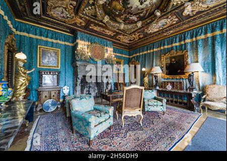 California, USA, 09 Jun 2013: Beautiful living room with breathtaking details and decorated with antiques at Hearst Castle, which is a National and Ca Stock Photo
