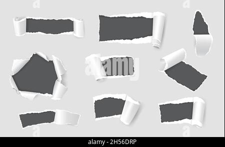 Paper holes with ripped edges, tear or gap in page sheet. Realistic torn papers sheets with curled edge, damaged or ragged pages vector set. Rectangle gaps with rolled fragments or pieces Stock Vector