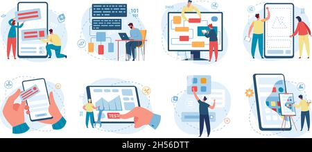 Web designer and programmer working on web development. Software developer writing code, programming software, developing app vector concept set. Computer coding, testing and fixing bugs Stock Vector