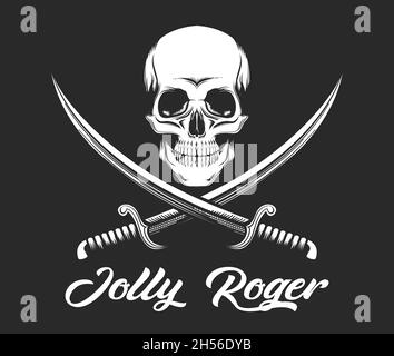 Emblem of Pirate Skull Jolly Roger isolated on black. Vector illustration. Stock Vector