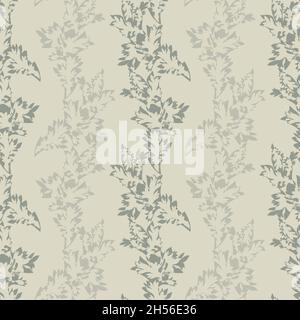 Acanthus leaf striped vector seamless pattern background. Vertical rows of stencil style hand drawn leaves monochrome ecru beige. Earthy neutral Stock Vector