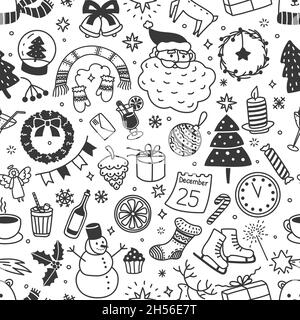 Christmas doodle seamless pattern with hand drawn xmas scribbles. New year, winter holiday season cute doodles vector background texture. Festival wreath, gift boxes and fir trees, santa claus Stock Vector