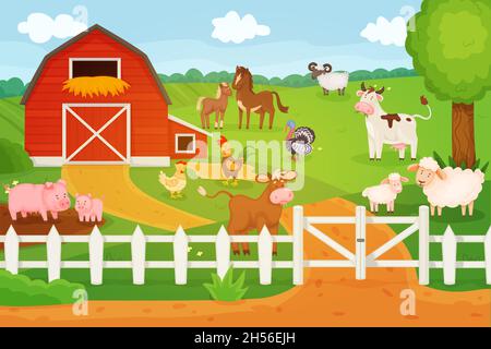 Cartoon animals living on farm, cow, sheep, chicken. Countryside landscape with barn and animal characters, rural lifestyle vector illustration. Domestic livestock, outdoor landscape Stock Vector