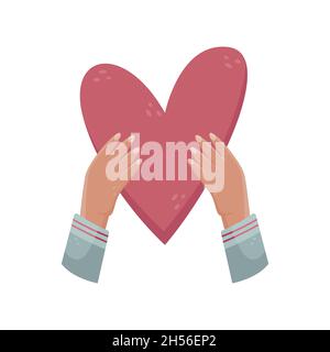 Vector illustration of a man holding a heart in his hands. Hand gestures. Flat style illustration. Stock Vector