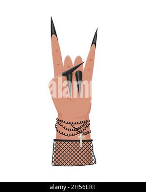 Vector illustration of hand gestures - rock on, heavy metal sign. Flat style woman hand. Stock Vector