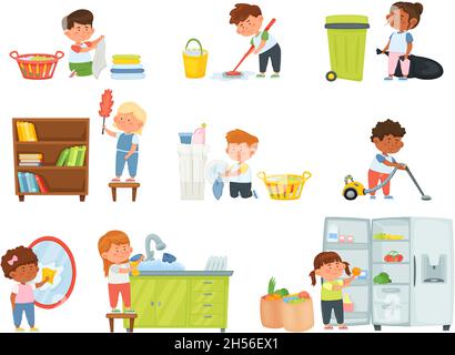 Cartoon kids doing housework, children helping with chores. Boys and girls vacuuming, dusting, washing dishes, mopping floor vector set. Character buying food and filling fridge, doing laundry Stock Vector