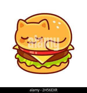 Cute cat burger cartoon, funny kawaii cheeseburger drawing with cat shaped bun. Vector clip art illustration. Stock Vector