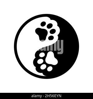 Animal paw yin yang symbol. Cat or dog paw print in black and white circle. Vector design illustration. Stock Vector