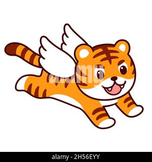 �绢���� Chinese expression: A tiger with wings. Cute cartoon winged tiger jumping. Vector clip art illustration. Stock Vector