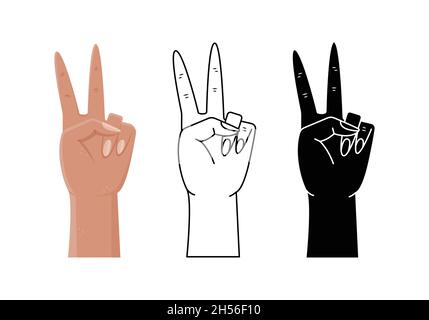 Vector set with illustrations of hand gestures - victory. Simple style, outline and flat style woman hand Stock Vector