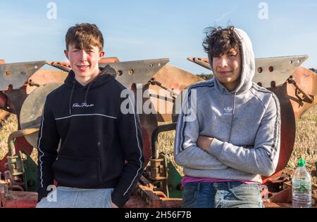 Ballyfeard, Cork, Ireland. 07th November, 2021. Evan Corkery and Joey Desmond from Nohovel at the ploughing match that took place in Ballyfeard, Co. Cork, Ireland. - Picture; David Creedon / Alamy Live News Stock Photo