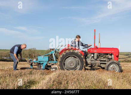 Ballyfeard, Cork, Ireland. 07th November, 2021. Cian Ryan from Ballinascarty ploughing with a Massey Ferguson 35 while his father Michael checks the  measurement of the drill during the ploughing match at Ballyfeard, Co. Cork, Ireland. - Picture; David Creedon / Alamy Live News Stock Photo