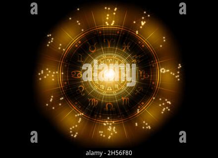 Zodiac signs inside of horoscope circle. Astrology in the sky with many stars and moons astrology and horoscopes concept. Stock Photo