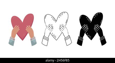 Vector set with sillustration of a man holding a heart in his hands. Hand gestures. Simple style, outline and flat style illustrations. Stock Vector