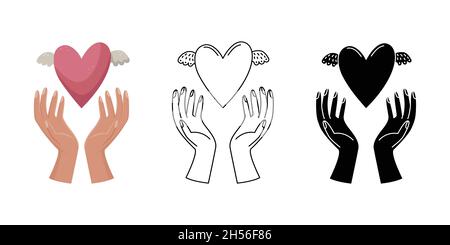 Vector set with three illustrations of a woman holding a heart under her hands. Hand gestures. Simple style, outline and flat style illustrations. Stock Vector