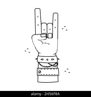 Vector illustration of hand gestures - rock on, heavy metal sign. Outline man hand. Stock Vector