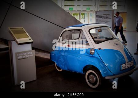 1955 BMW Isetta, in blue color. It was produced from 1955 to 1962. 161,728  units. BMW Museum: Welt - Munich - Germany Stock Photo - Alamy