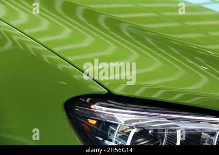 M6 Coupe (F13) : Light green color, headlight detail and paintwork. Production from 2012 to 2019. On display at Welt - Munich - Germany - September. Stock Photo