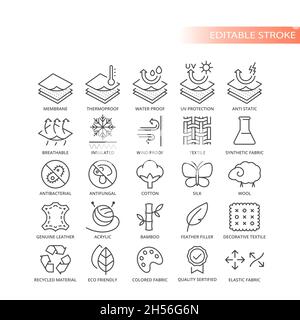 Fabric material feature live vector icon set. Fabrics features and properties symbols, editable stroke. Stock Vector
