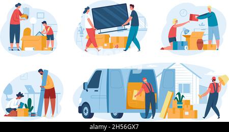 Happy Family Relocate, Moving To New House Or Home Apartment Vector 