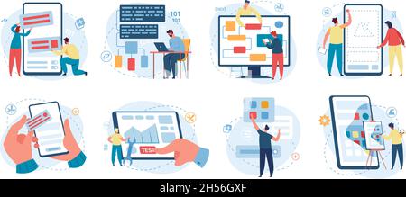 Web designer and programmer working on web development. Software developer writing code, programming software, developing app vector concept set. Computer coding, testing and fixing bugs Stock Vector