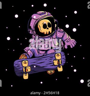 SKULL ASTRONAUT SKATER ILLUSTRATION Stock Vector
