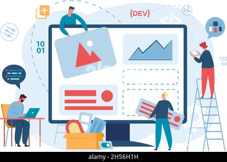 Web developers and designers team build website, webpage design. Software development, coding and programming, designing websites vector concept. Programmers constructing page at computer Stock Vector
