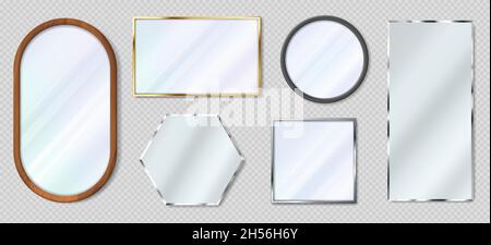 Realistic mirror in various shapes, reflective glass with metal frames. 3d metallic gold and wooden frame mirrors, interior decor vector set. Modern decorative borders isolated set Stock Vector