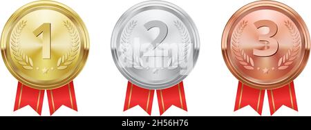 Realistic golden, silver and bronze medals, winner trophy award. Game champion prize badges, metal rewards with red ribbons vector set. First, second and third place in competition Stock Vector