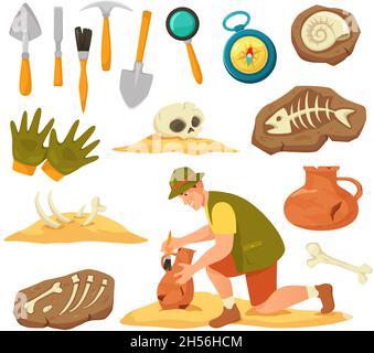Cartoon archeology elements and equipment, archaeologist at work. Archeological expedition tools, ancient vase, fossils and bones vector set. Male character searching and excavating artifacts Stock Vector