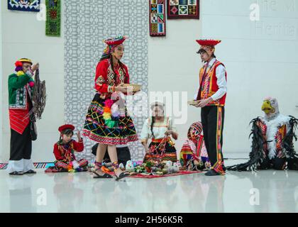 London, UK. 07th Nov, 2021. Ahead of the opening of the new exhibition at the British Museum 'Peru: A journey through time' Peruvians dancers from Baila Peru group, performed at the British museum with traditional costumes and dances. Credit: Paul Quezada-Neiman/Alamy Live News Stock Photo