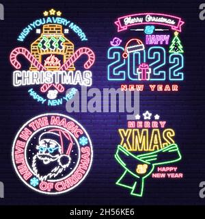 Set of Merry Christmas and Happy New Year neon sign with winter scarf, Santa Claus face, fireplace and candy. Vector. Vintage design for xmas, new Stock Vector