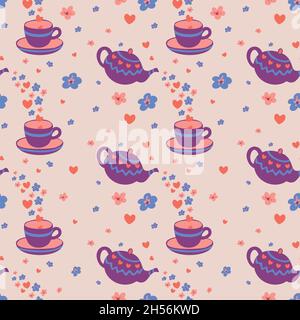 Vector seamless pattern with teapots, cups, saucers, hearts and flowers. Romantic design. Stock Vector