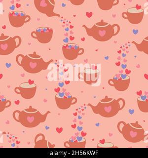 Vector seamless pattern with teapots, hearts and cups. Romantic design. Stock Vector