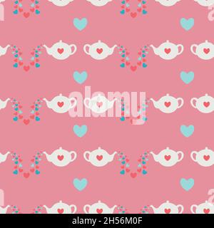 Vector seamless pattern with teapots and hearts. Romantic design. Stock Vector