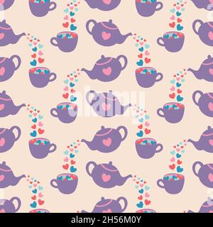 Vector seamless pattern with teapots, cups and hearts. Hand drawn design. Stock Vector