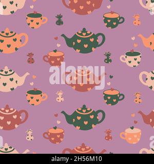 Vector seamless pattern with teapots, cups, candies and hearts. Cute design. Stock Vector