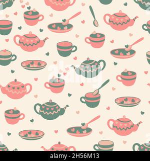 Vector seamless pattern with teapots, cups, saucers, teaspoons and hearts. Design in cartoon style. Stock Vector