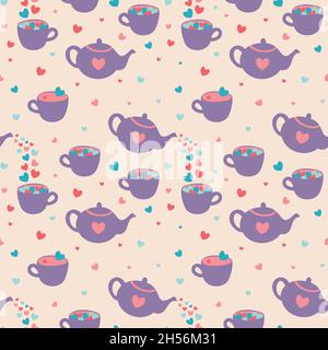 Vector seamless pattern with teapots, hearts and teacups. Romantic, cute design. Stock Vector