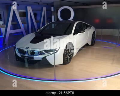 BMW i8: Front view. Initially released as Vision EfficientDynamics, it is a prototype hybrid car. It was launched in Europe in 2014. Welt - Munich . Stock Photo