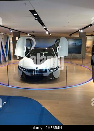 BMW i8: Front view. Initially released as Vision EfficientDynamics, it is a prototype hybrid car. It was launched in Europe in 2014. Welt - Munich . Stock Photo