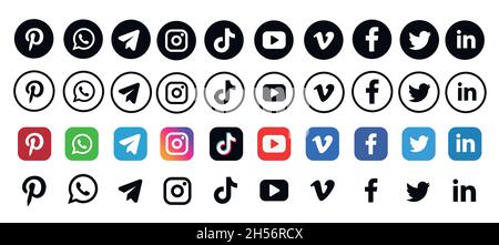 Round social media icons collection: Facebook, TikTok, instagram, twitter, youtube, telegram, linkedin, snapchat, periscope, vimeo. Stock Vector