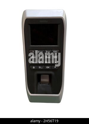 Biometric fingerprint sensor device for access control, separate finger scan on white background. Stock Photo