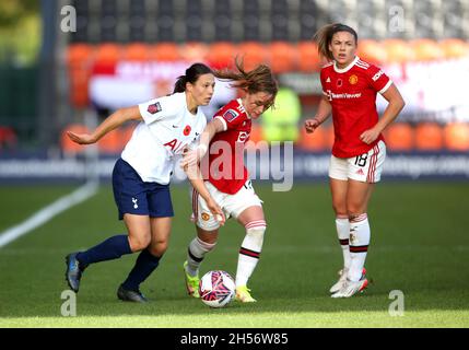 Tottenham Hotspur's Rachel Williams (left) and Manchester United's Ona Batlle battle for the ball during the Barclays FA Women's Super League match at The Hive, London. Picture date: Sunday November 7, 2021. Stock Photo