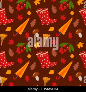 Pattern with rain boots, umbrella and mushrooms Stock Vector