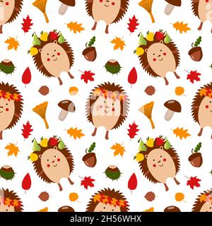 Autumn pattern with cute hedgehogs Stock Vector