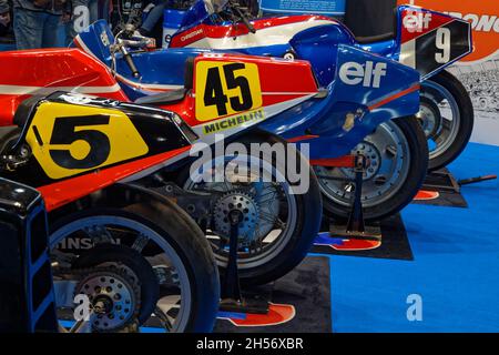 LYON, FRANCE, November 5, 2021 : A lot of motorbikes are shown this year in Salon Epoq'Auto, organized since 1979, with over 70,000 visitors each year Stock Photo