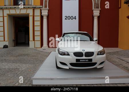 BMW M5 (E60): Front view, white color. Fourth generation. Made from 2005 to 2010. Stock Photo
