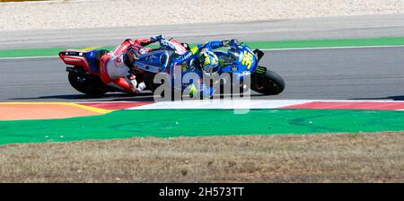 Algarve International Circuit, Portimao, Portugal,  7th Nov, 2021. #36 Joan Mir, Spanish: Team Suzuki Ecstar battles with #88 Jorge MARTIN SPA Red Bull KTM Ajo KTM at Algarve International Circuit, Portimao, Portugal,  7th Nov, 2021 for the Gran Premio Brembo do Algarve Credit: Graham Holt/Alamy Live News Stock Photo